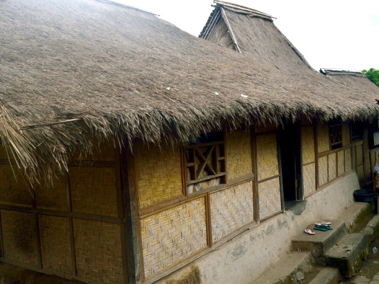 Rumah adat. Semua rumah memiliki bentuk yang mirip. Atap rumput ilalang, dinding dari anyaman bambu dan pintunya rendah.